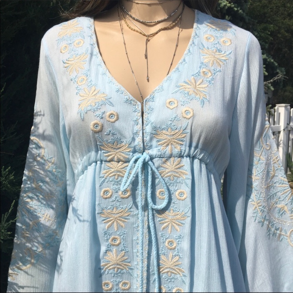 BOHO LIGHT BLUE PALE YELLOW FLOWERS HI-LO MIDI DRESS - Picture 6 of 10
